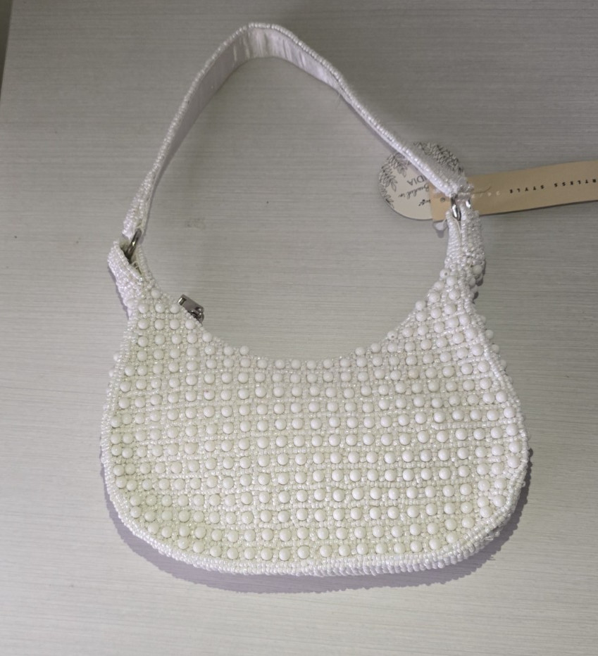 white beaded pearl shoulder bag baguette edding evening, handbag