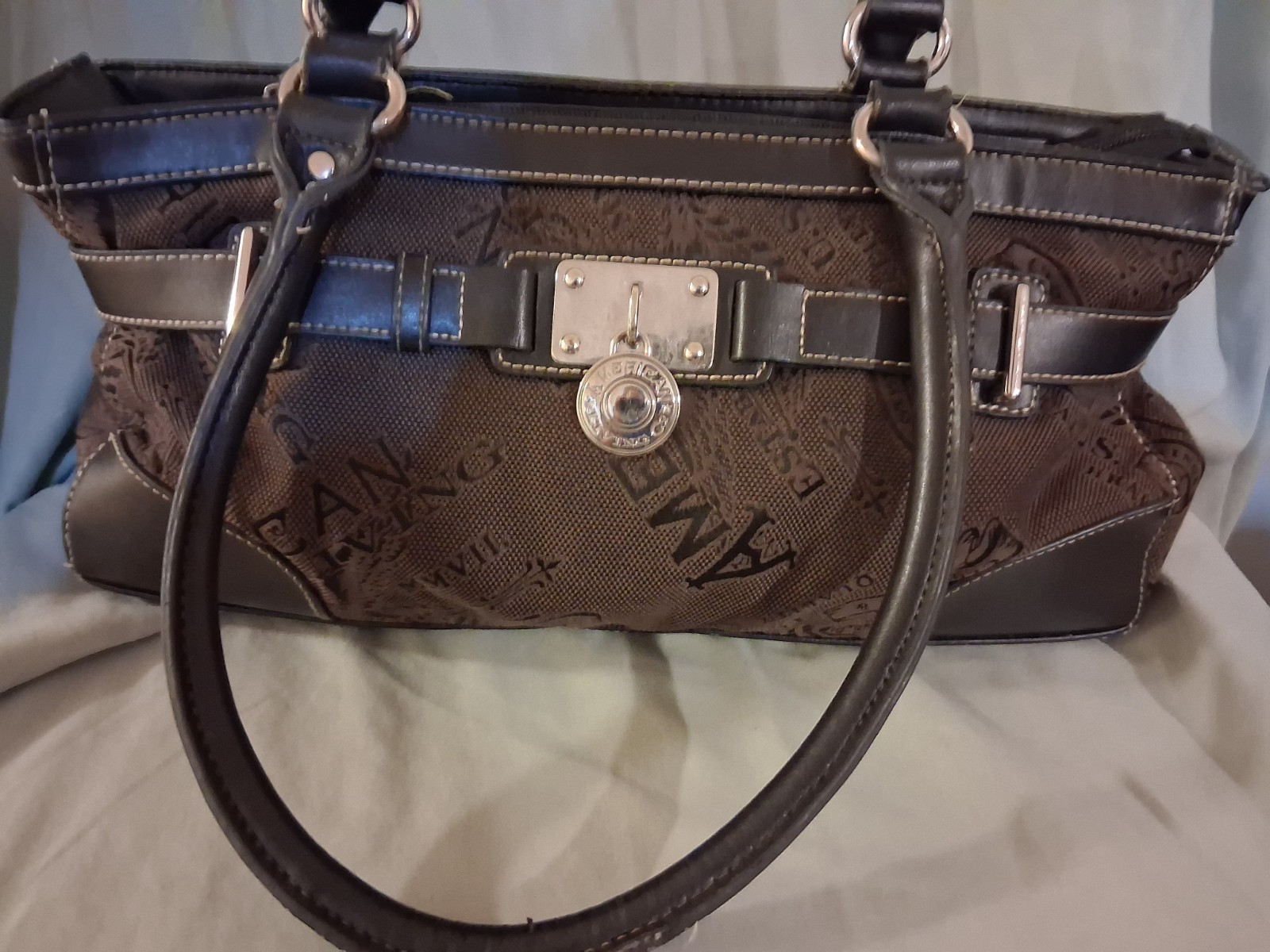 American Living Brown Shoulder Bag Logo Buckle Accent Zip Inner Pockets