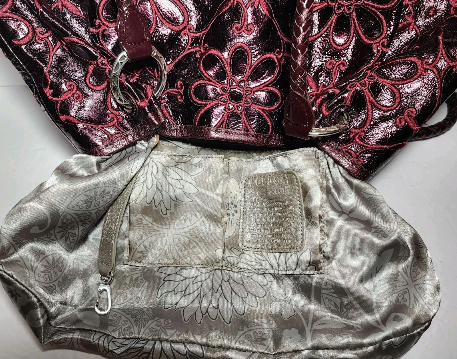BRIGHTON VALENCIA BLACK CHERRY FLORAL EMBROIDERED TASSELED HANDBAG SHOULDER BAG