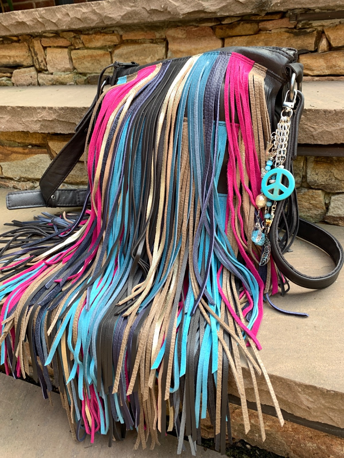 BLACK leather festival boho Southwest gypsy LONG fringe crossbody bag USA