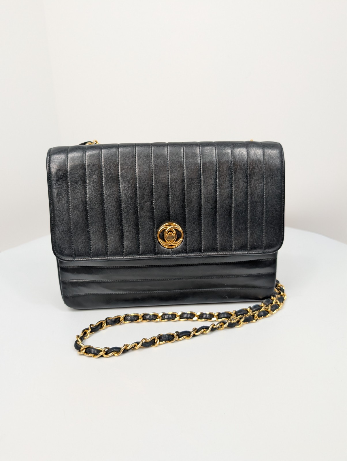 Chanel Vintage Black Vertical Stitch Flap Bag with Circle 24K Gold CC Turn-Lock