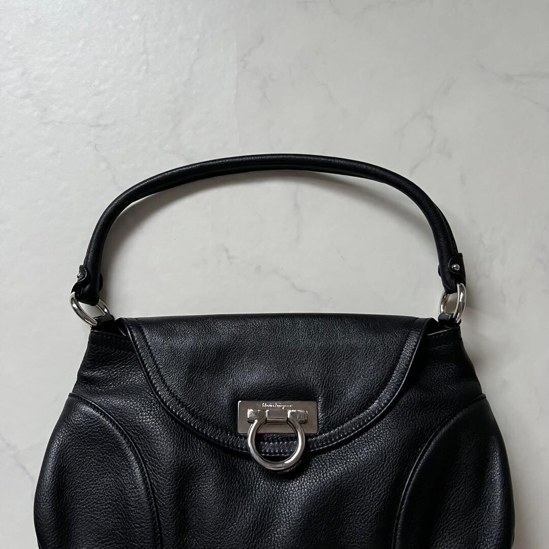 Salvatore Ferragamo Black Leather Gancini Shoulder Bag Flap Silver Hardware
