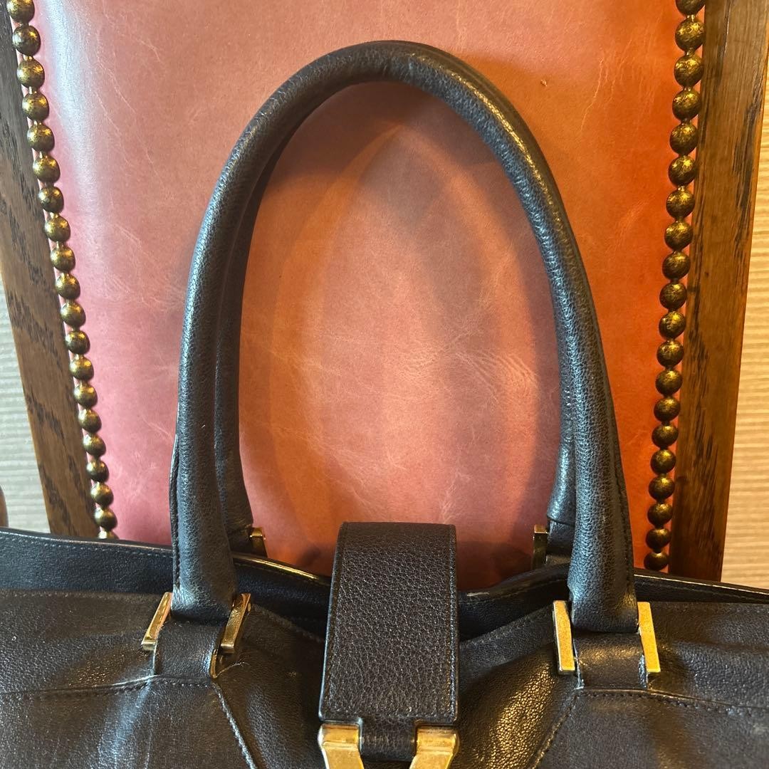 Yves Saint Laurent Cabas ChYc Leather Satchel Bag Handbag Navy from Japan
