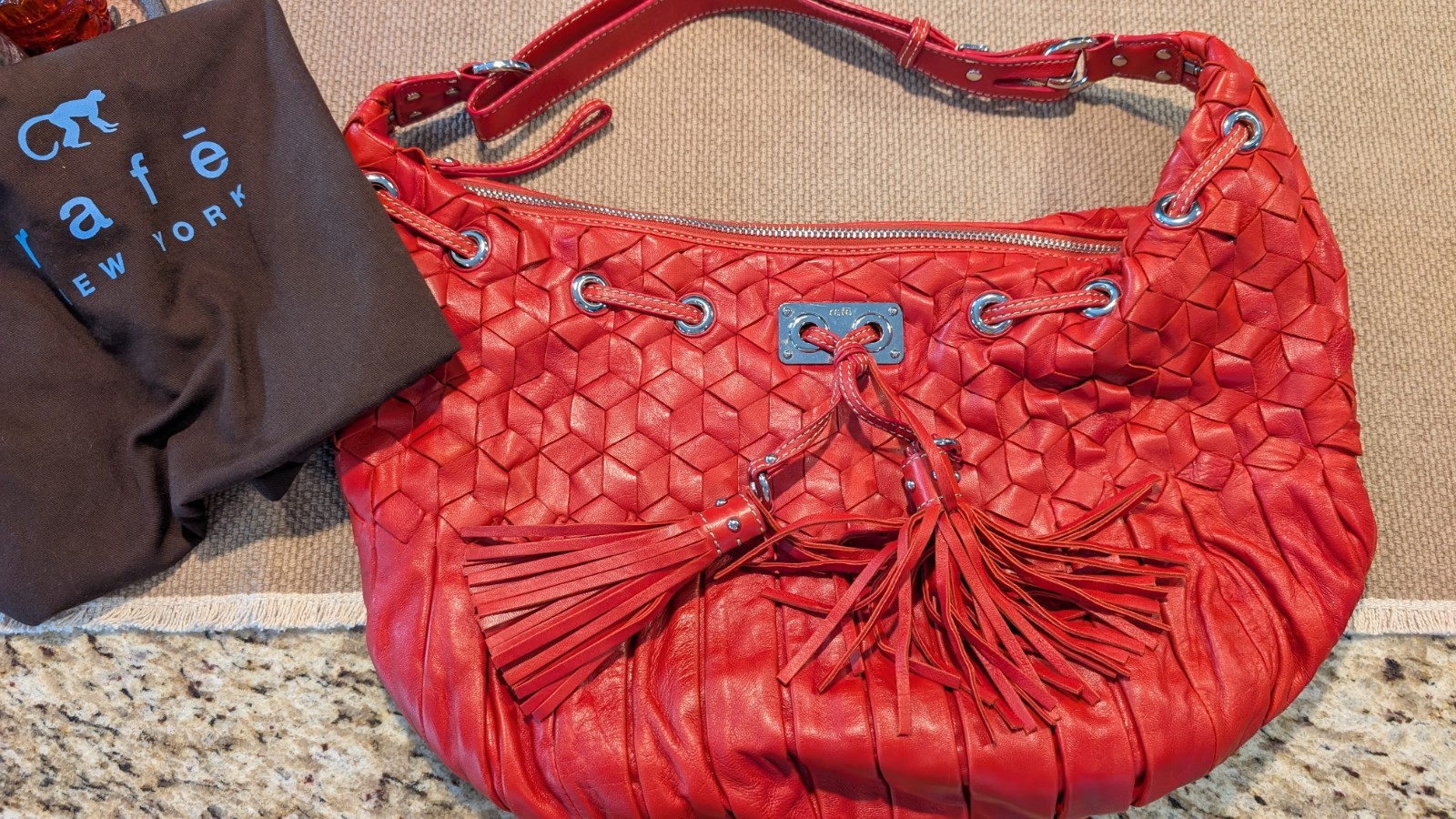 Rafe New York Red Leather Braided Hobo Style Handbag With Dust Bag