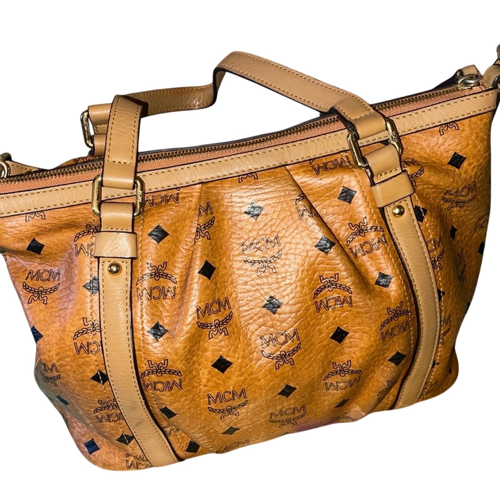 MCM Visetos Medium Essentials Shopper Tote Cognac Authentic Pre-Loved