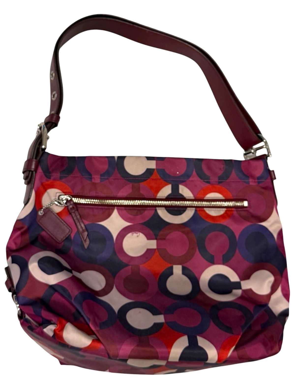 Coach Geometric Burgundy Purple Shoulder Bag, Zip Closure, Silver Hardware