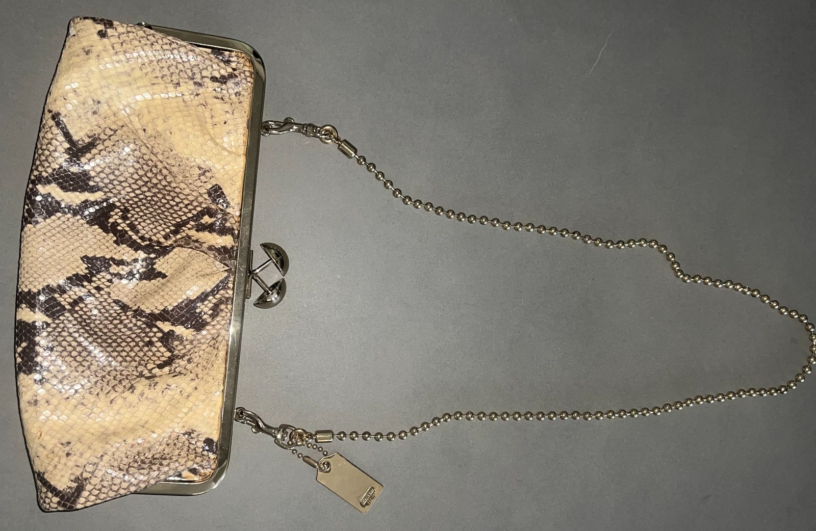 Authentic Coach Snakeskin Print Kiss Lock Clutch Evening Bag Chain Purse