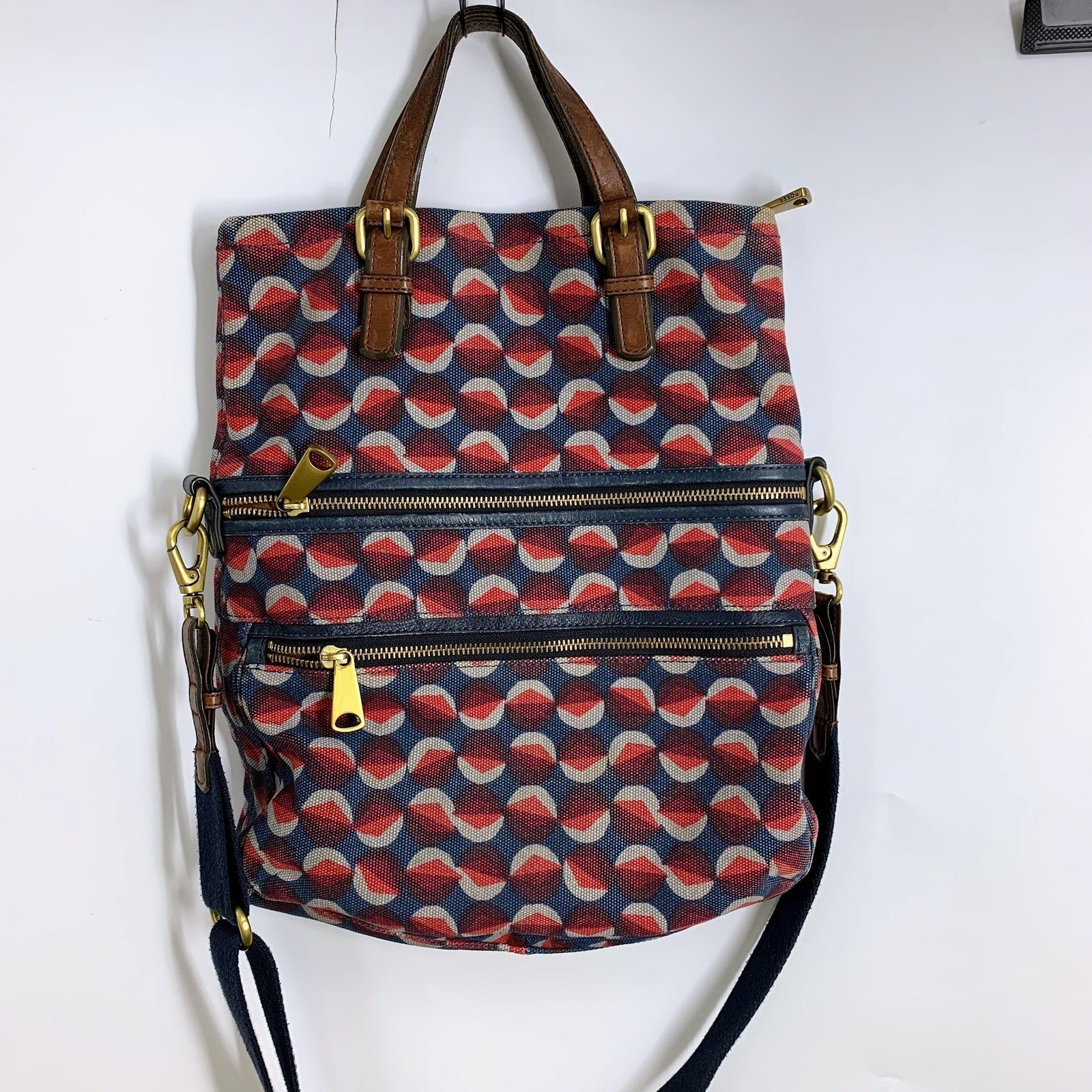 Fossil Explorer Canvas Tote Bag Geometric Leather Straps Crossbody Shoulder Bag