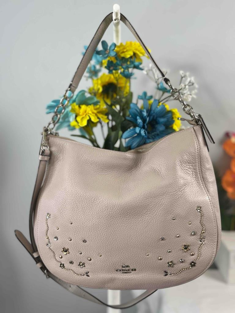 COACH Elle Stardust Crystal Rivets Leather Hobo Shoulder Bag in Chalk Off White