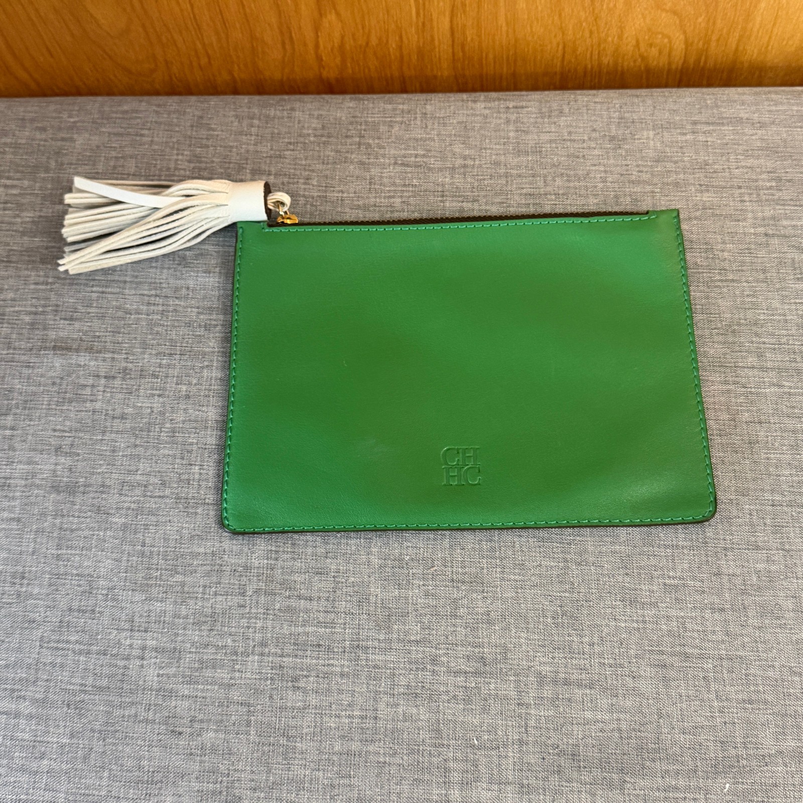 CH Carolina Herrera Two Tone Green Taupe Leather Zip Pouch Tassel Clutch