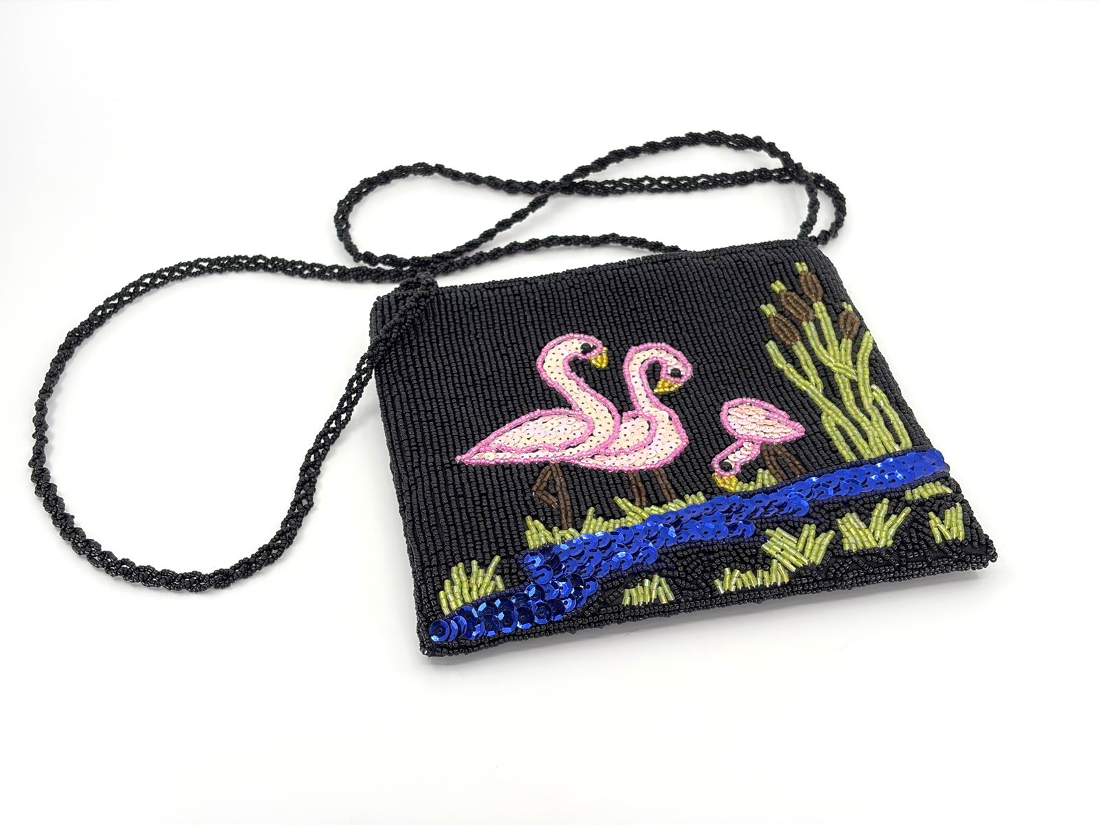 Tropical Black Beaded & Pink Sequin Flamingo Beachy Glam Crossbody Evening Bag