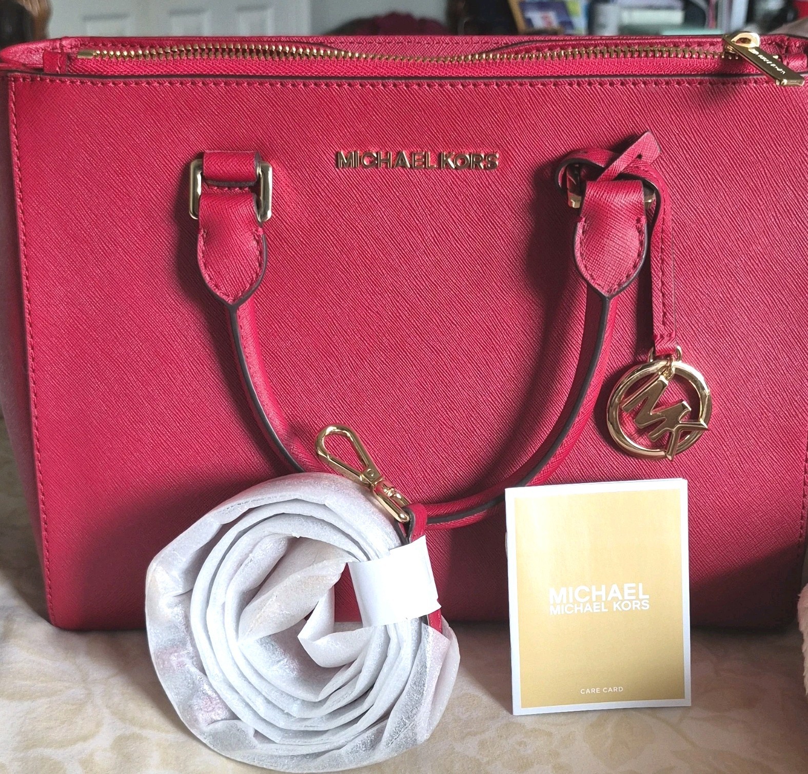 NEW Michael Kors Red Satchel Bag, 3 Compartments, Gold Hardware.