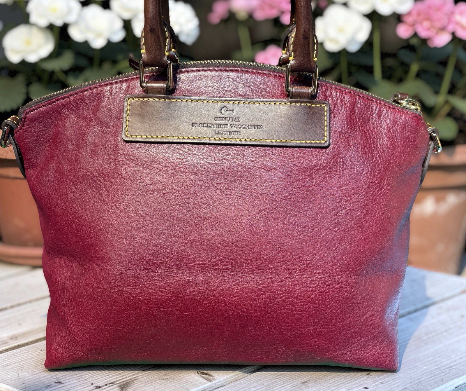 Dooney Bourke Bordeaux Burgundy Florentine Vacchetta Leather Domed Satchel Retro