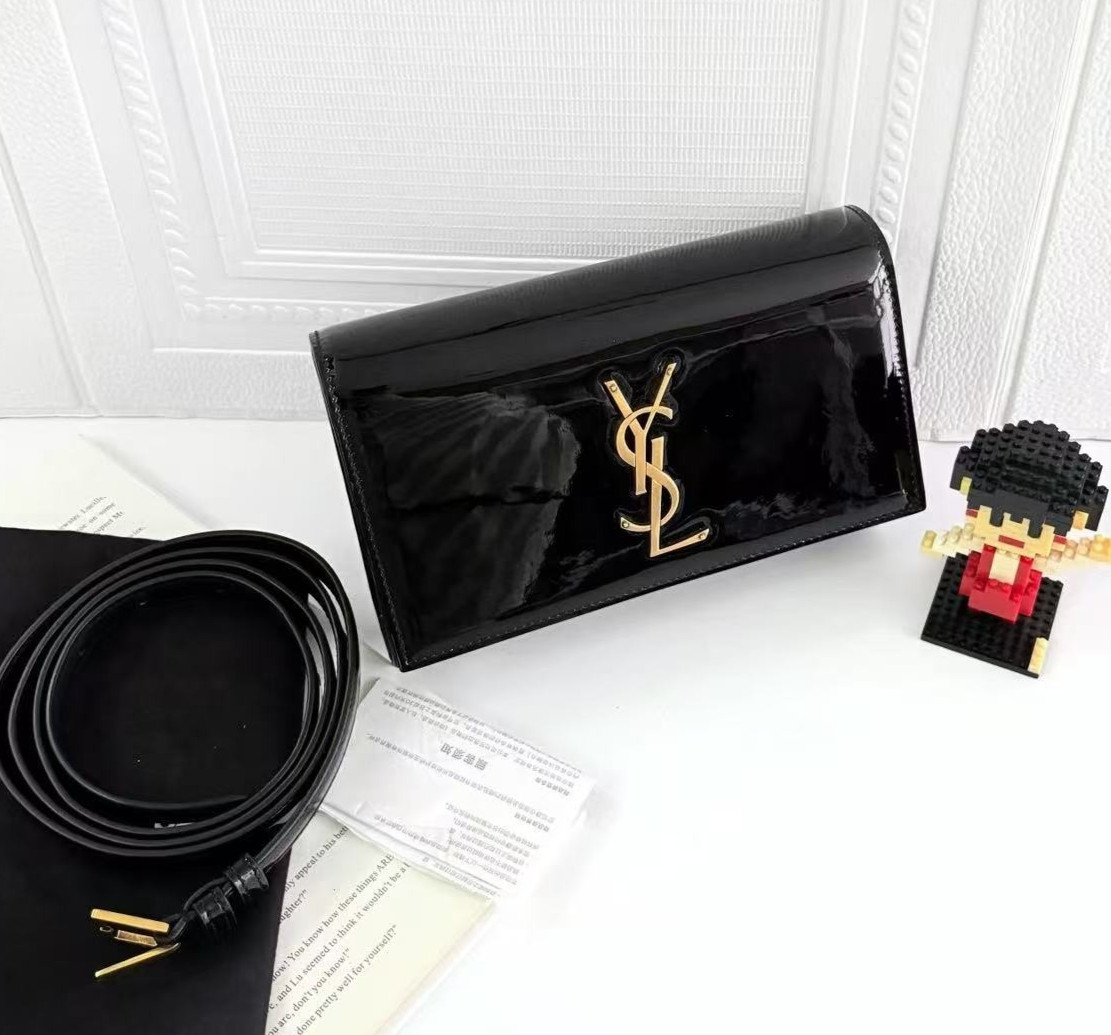 Yves Saint Laurent YSL Kate Black Patent Leather Clutch with Strap