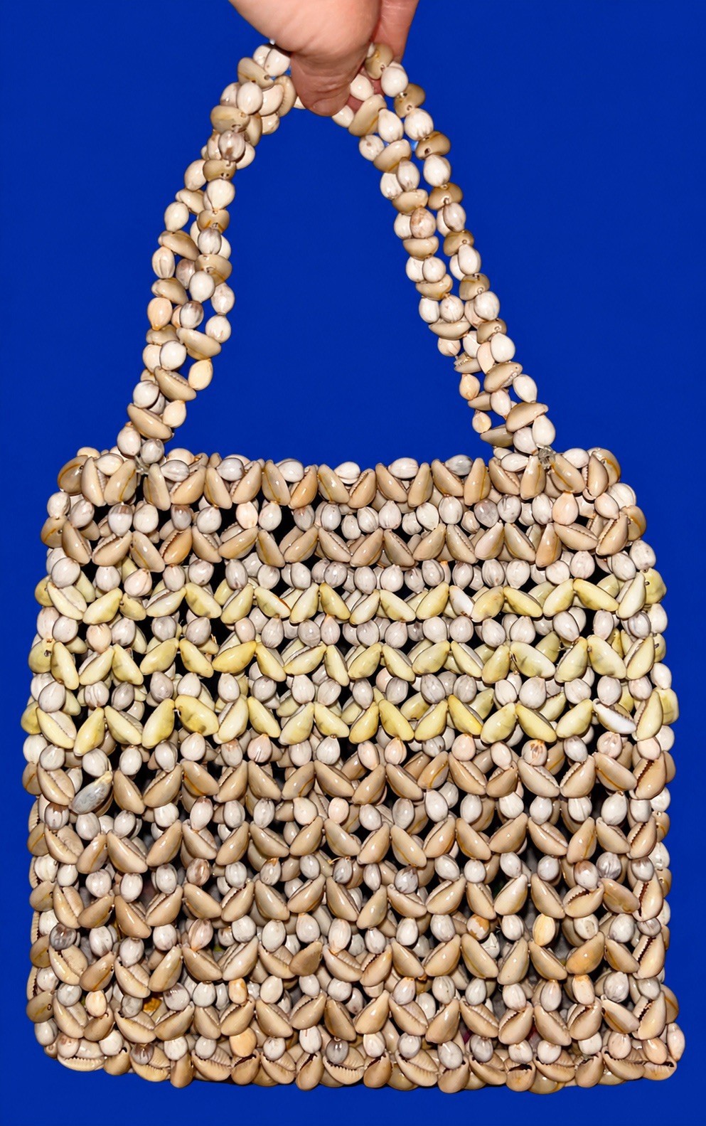 Vintage Handmade Cowrie Shell Beaded Top Handle Tote Purse Beach Boho Ivory Tan