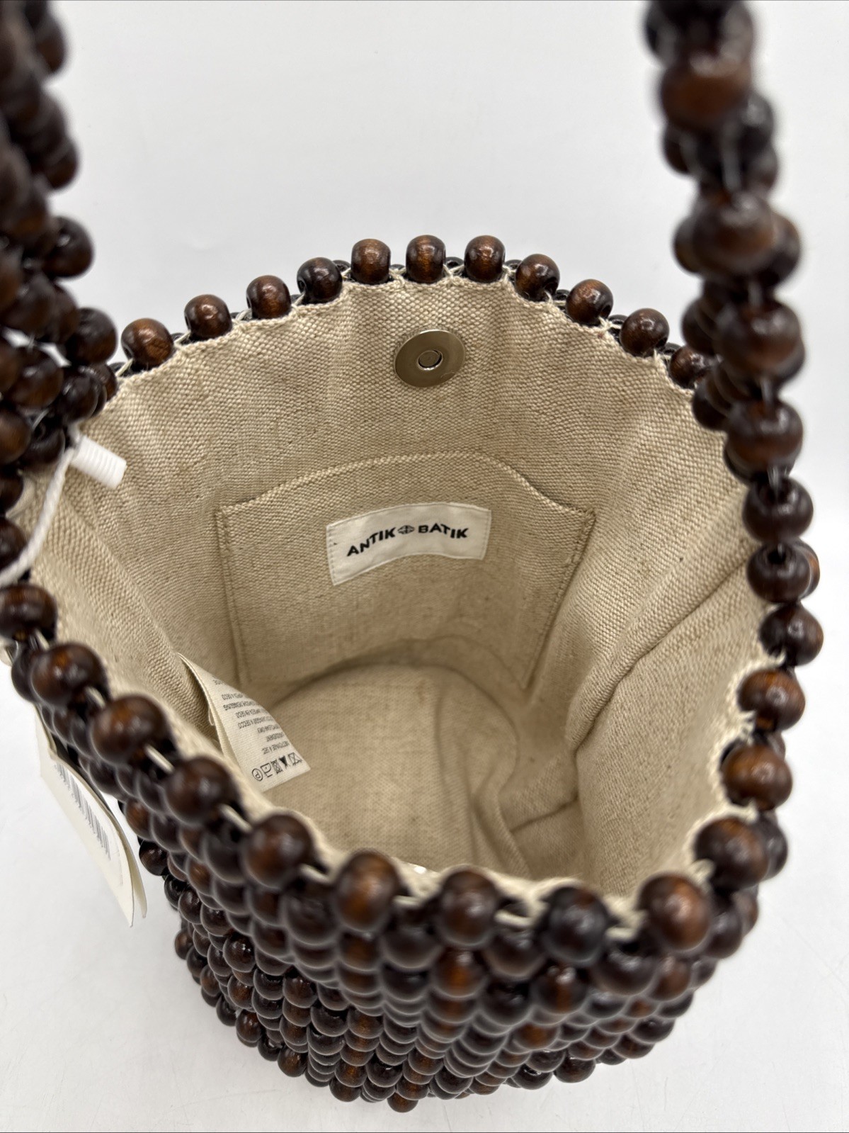 Antik Batik Bag Billie – Handcrafted Wooden Bead Bucket Bag Brown NWT Wood Beads