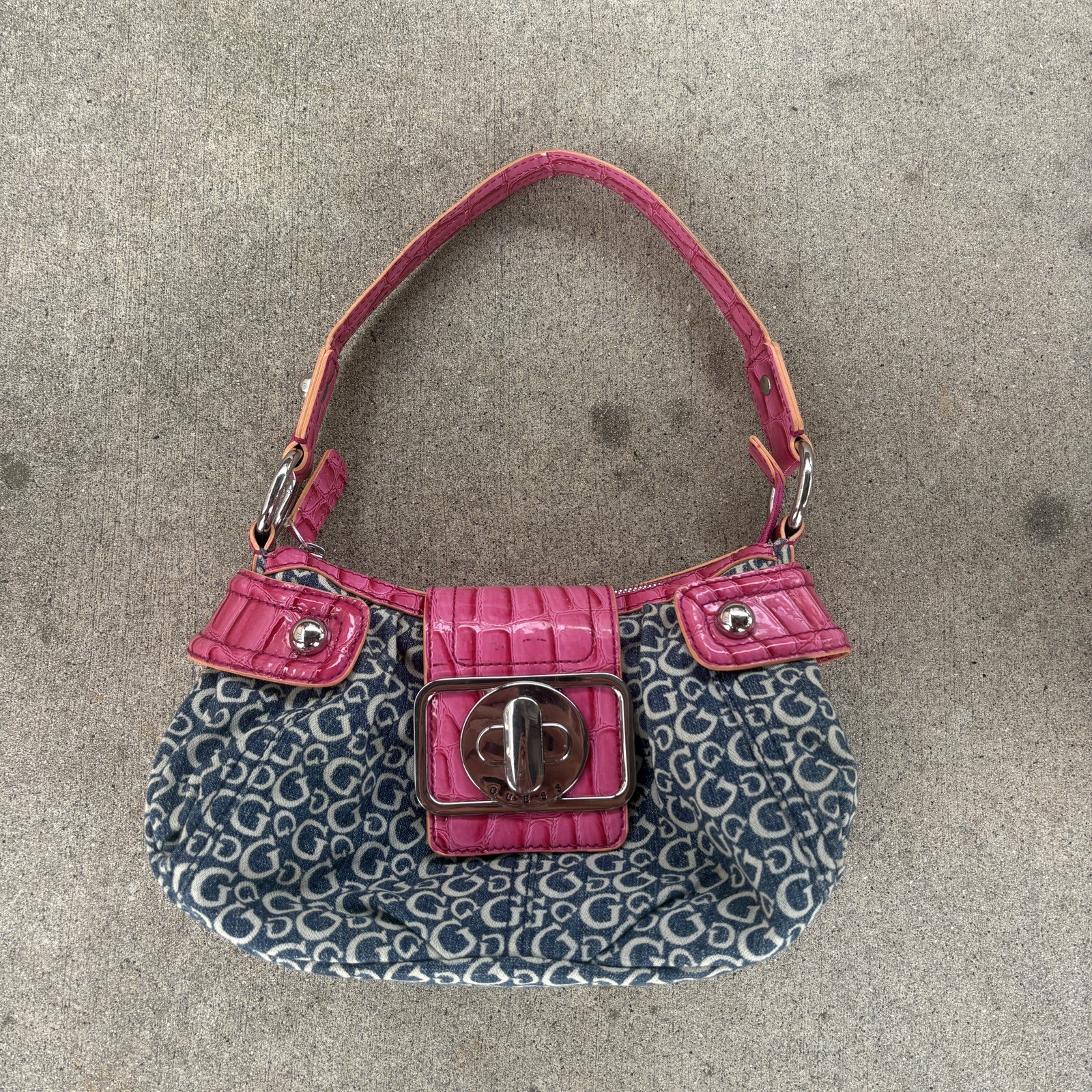 Vintage GUESS Y2K Monogram Hobo Bag Pink Croc Faux Patent Purse