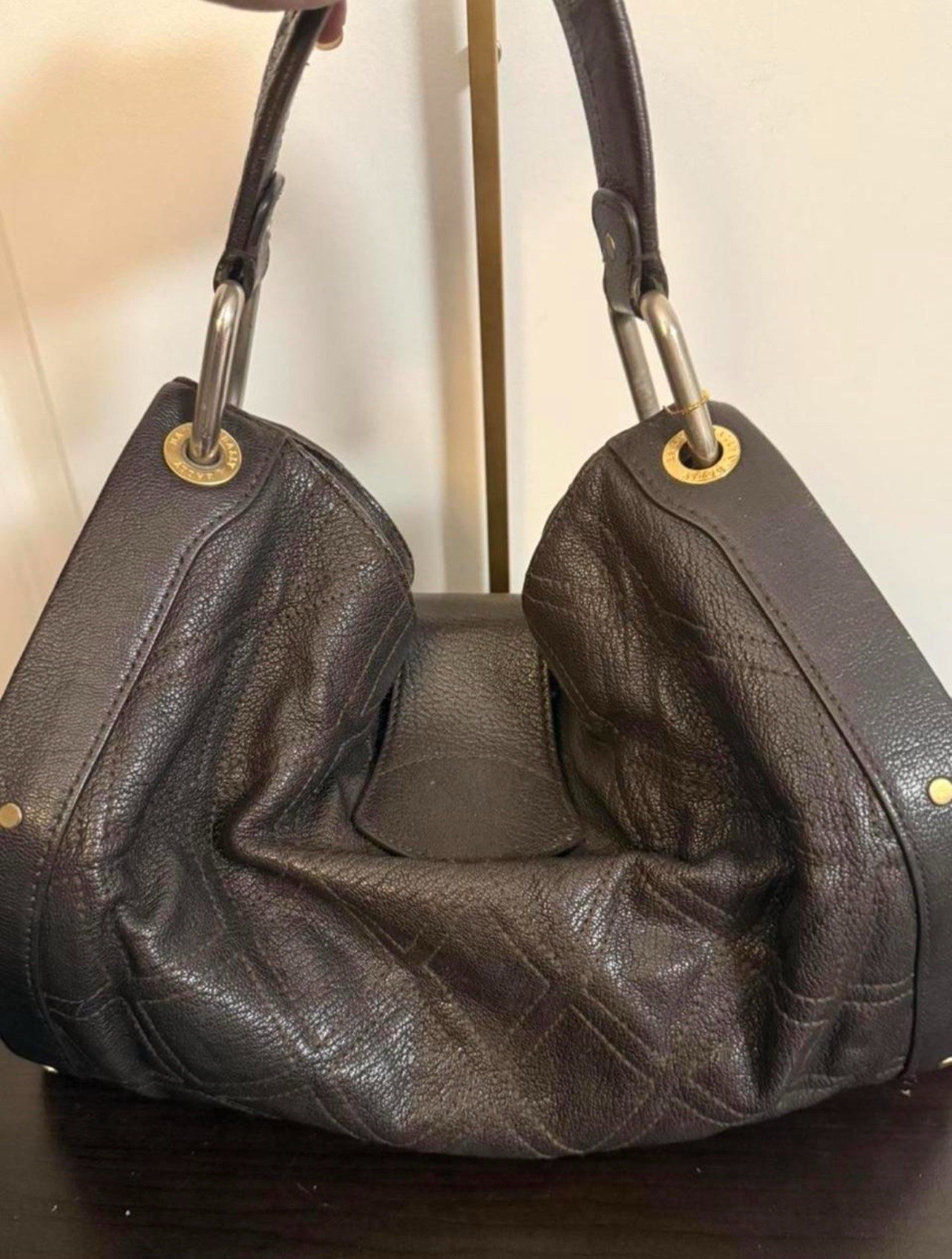 Bally Brown Crescent Hobo Shoulder Bag Top Handle Gold Chain Unique Closure Logo