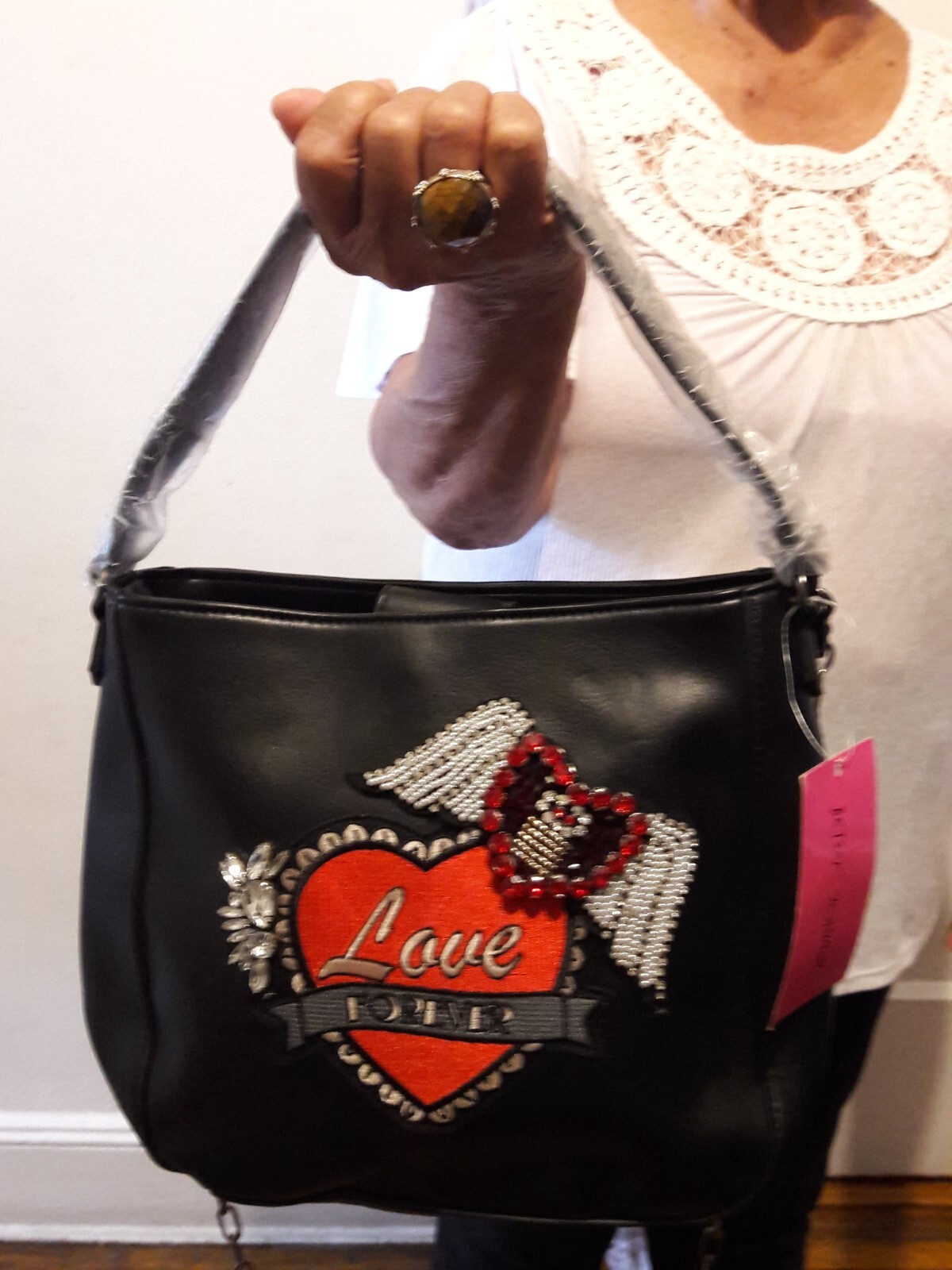 Betsey Johnson Black Heart LOVE FOREVER Hobo Rhinestones Accents HOBO Bag NEW