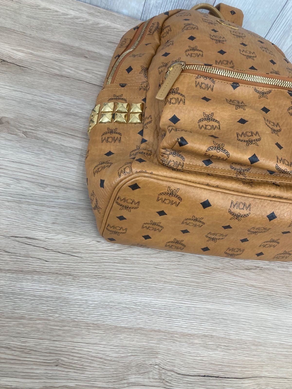 MCM Backpack Studded Visetos Pattern Leather Brown Gold Metal 40cm x 28cm x 15cm