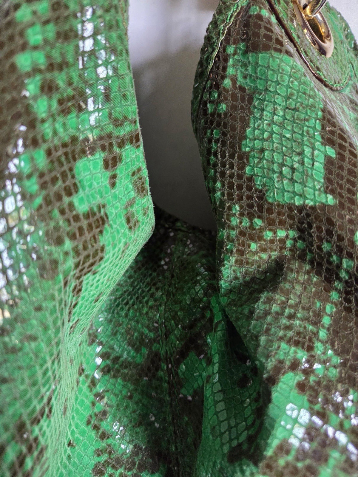 Antonio Melani Green Snake Print Leather Hobo Shoulder Bag Gold Chain Large