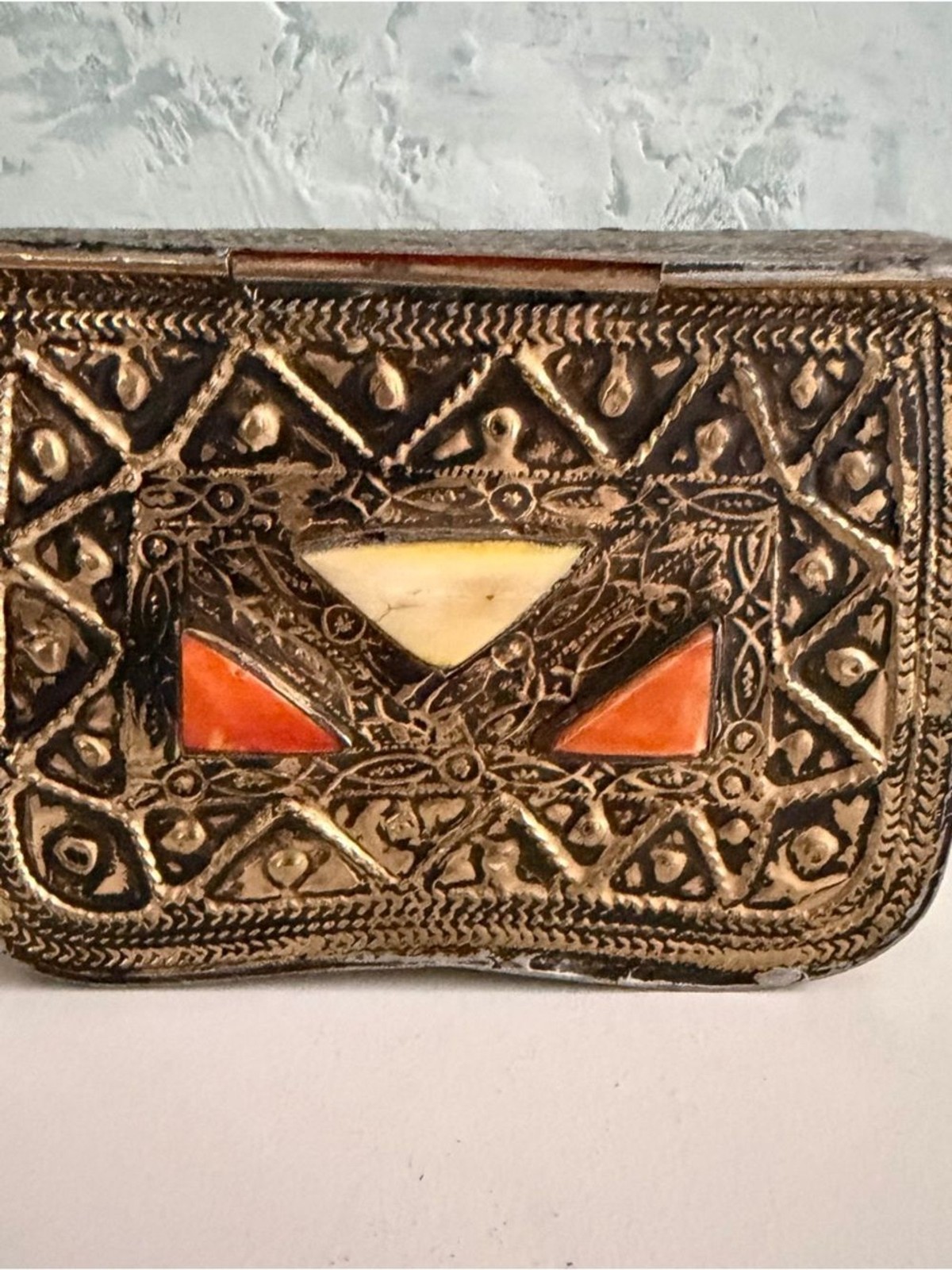 Moroccan Hammered Brass Mosaic Inlay Evening Bag Purse Boho Festival Artisan