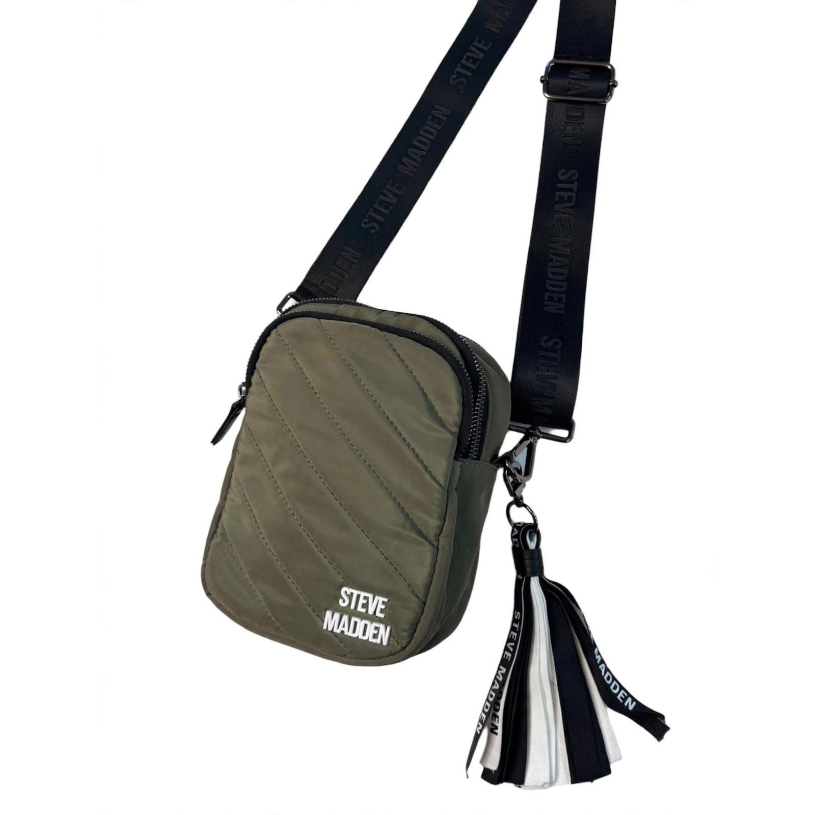 Steve Madden Olive Quilted Nylon Crossbody Bag Mini Messenger Tassel Logo Strap