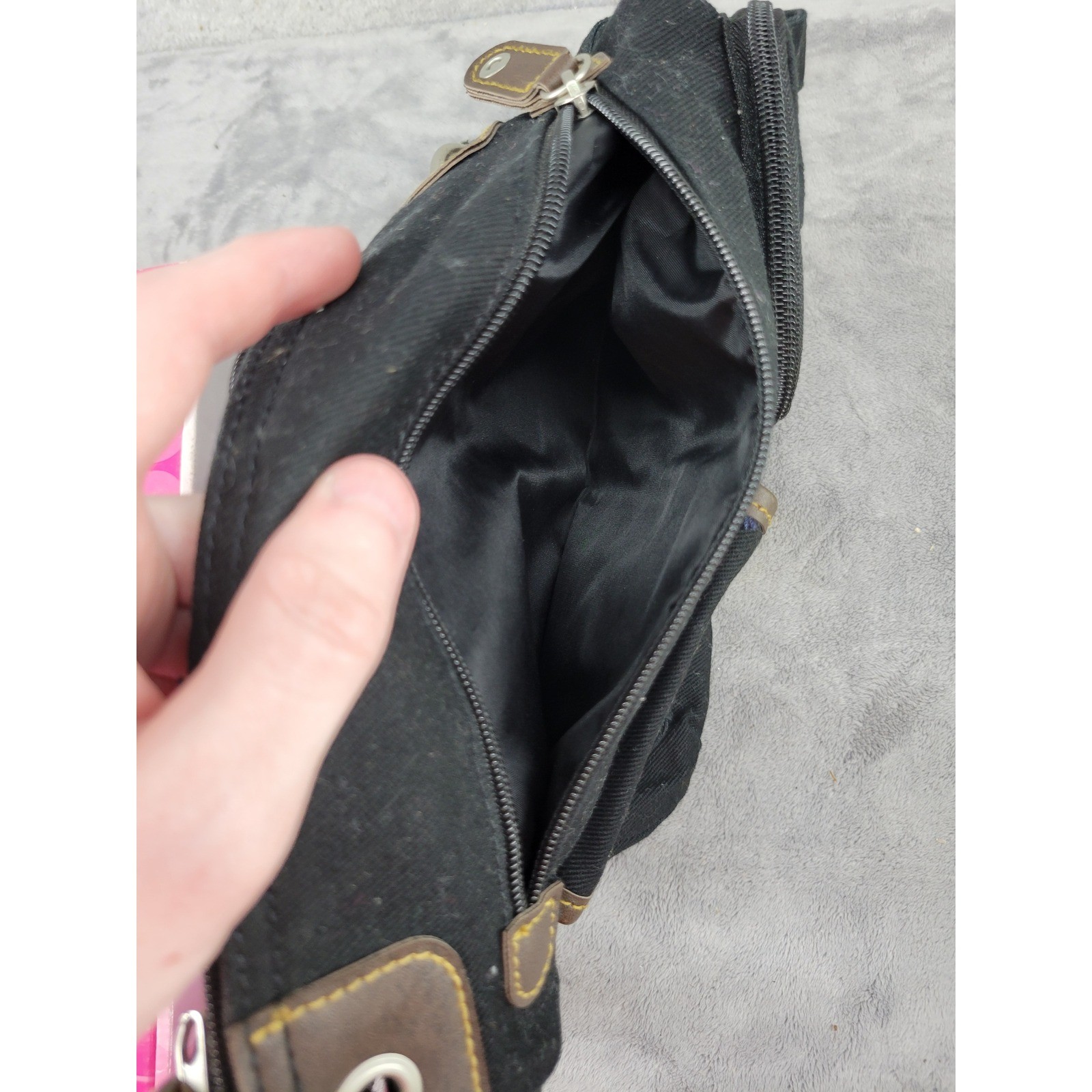 Black Canvas Multi Pocket Utility Crossbody Messenger Bag Brown Trim Adjustable