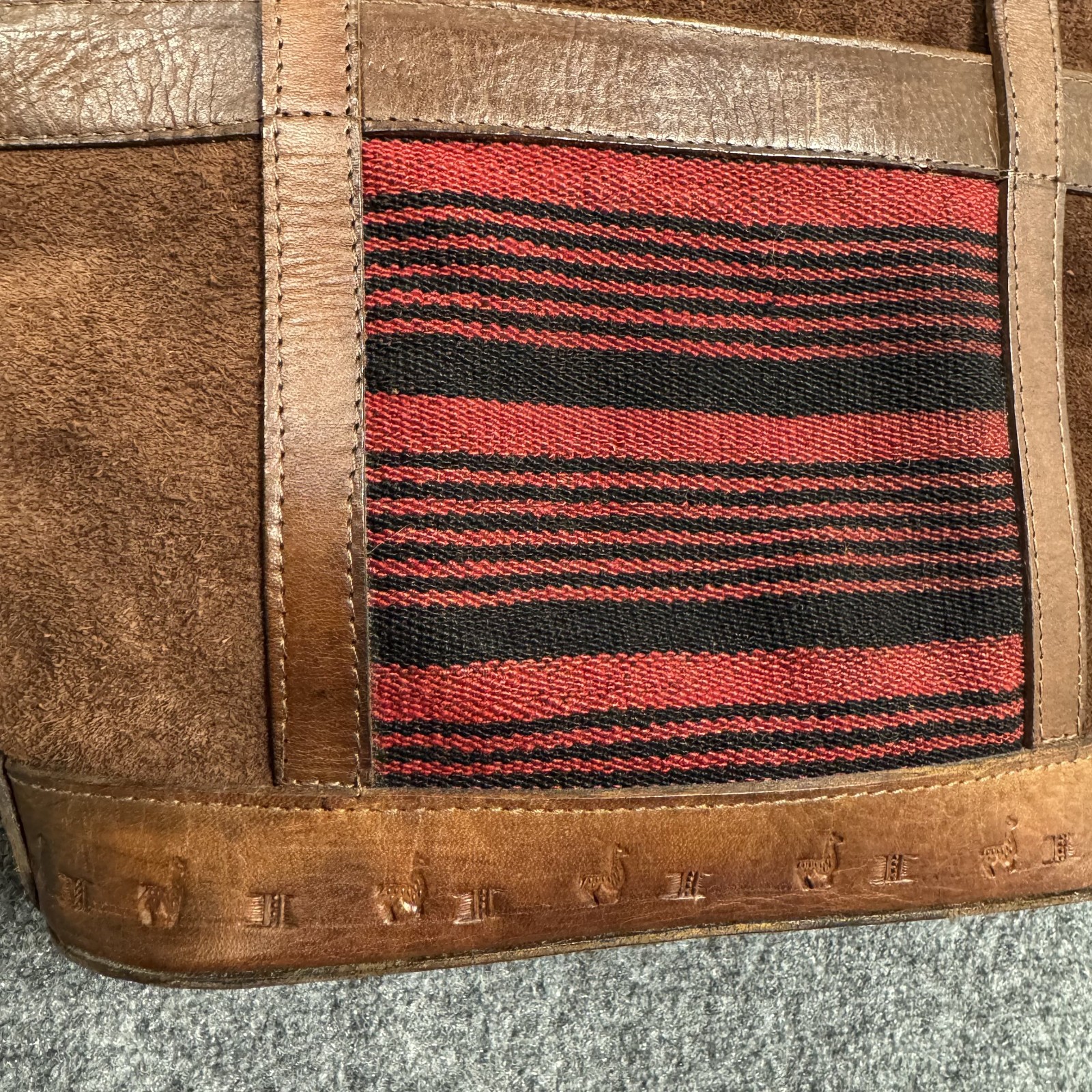 Vintage Bolivian Brown Leather & Suede Handmade Bag Tapestry Accent Zipper Tote