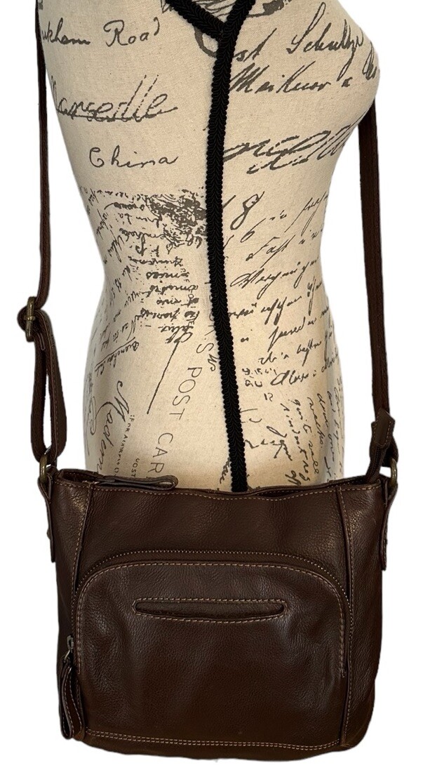 Audrey Brooke Brown Leather Purse Crossbody Bag With Zip Up Top Adjustable Strap