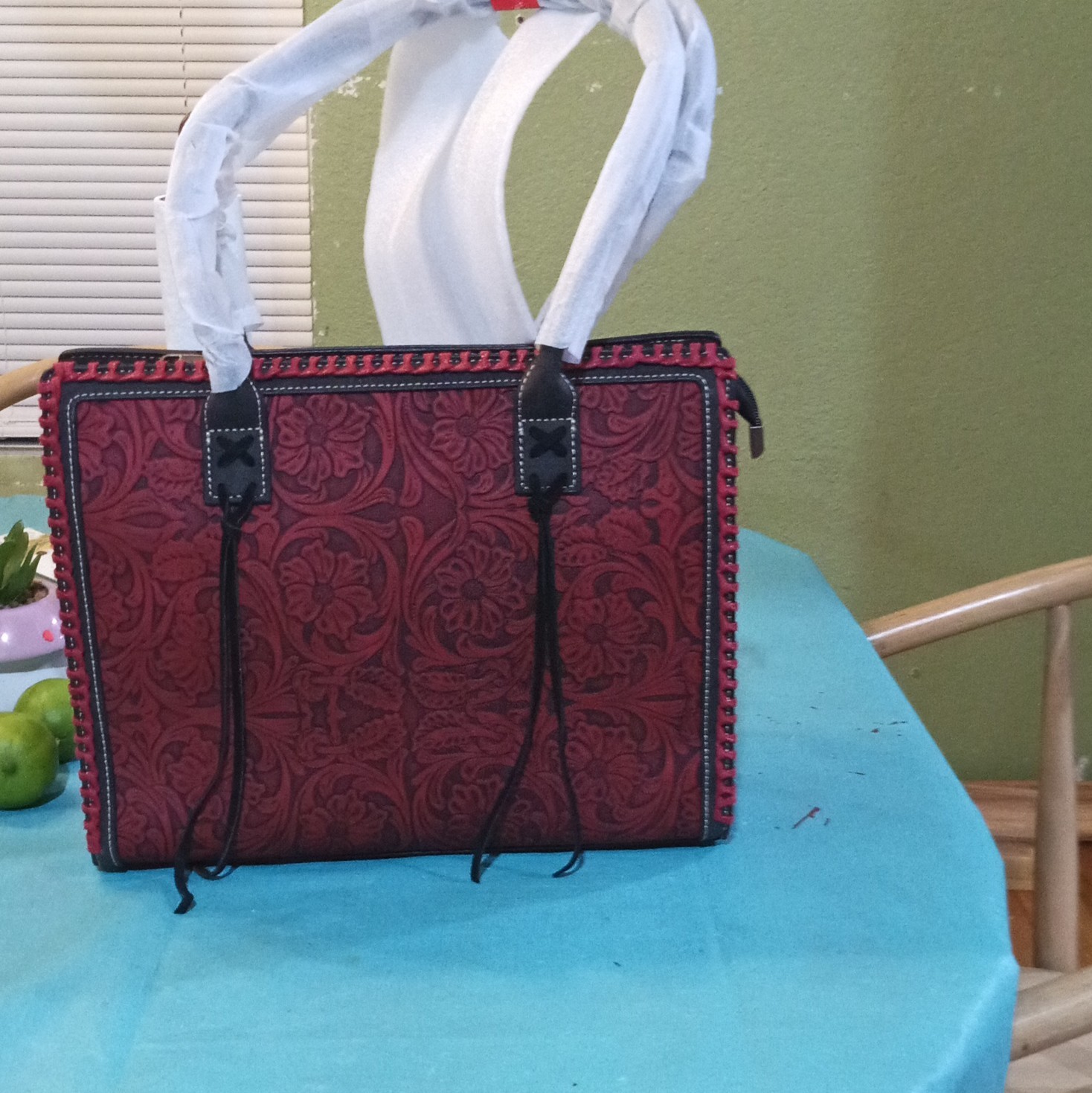 Women’s Red/Black Floral Embossed Zip Tote Bag, Double Handles, Outer Pockets