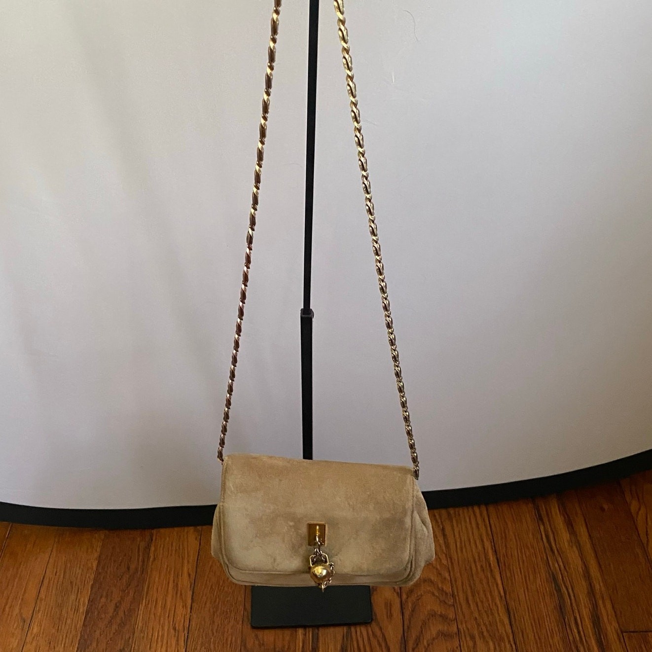 Vintage Susan Gail Suede Mini Shoulder Bag Camel Chain Strap 70s Crossbody Purse