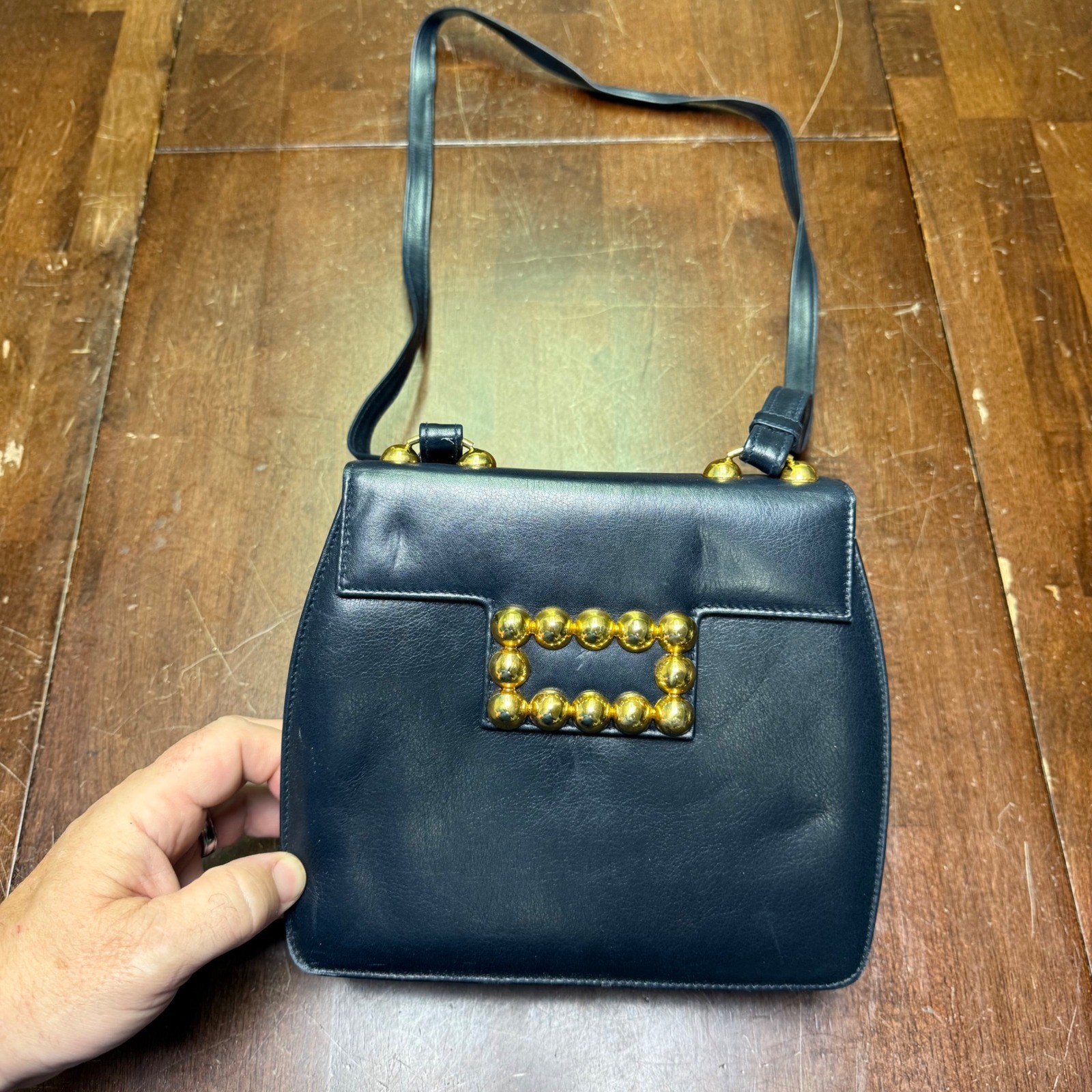 Susan Gail Crossbody Bag Women Small Navy Blue Leather Gold Beaded Buckle Spain