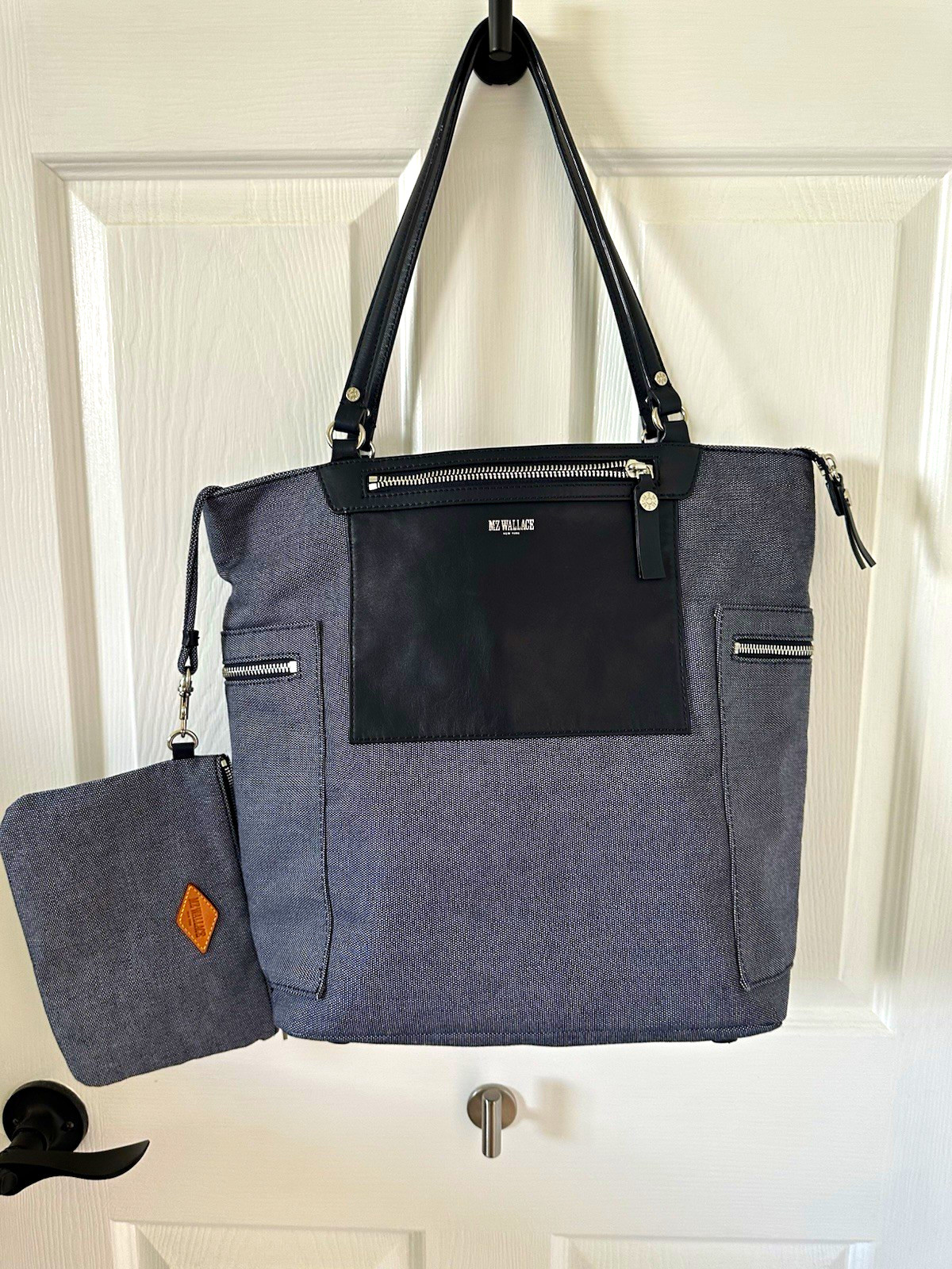 MZ Wallace Blue and blue Tote Zip Closure Removable Pouch Outer Pockets RARE