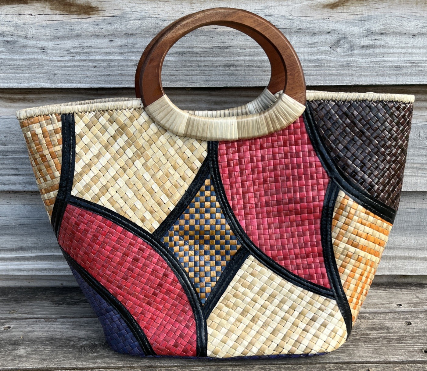 Patchwork Mosaic Woven Straw Purse Bag Tote Wood Handles Zipper 1 Pocket Large