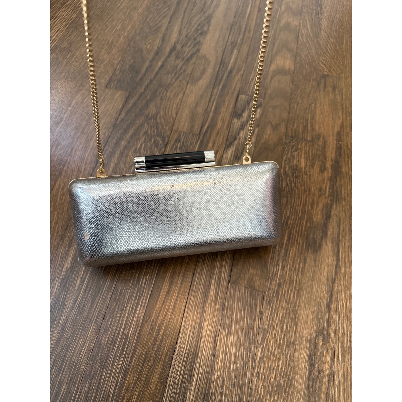 Diane von Furstenberg DVF Lytton Silver Metallic Lizard Embossed Box Clutch Bag