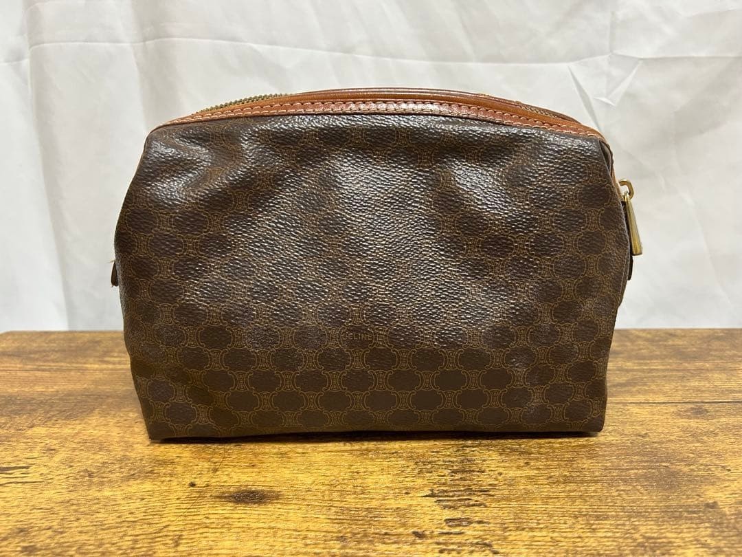 CELINE Macadam Pattern Cosmetic Pouch Vanity Bag Brown PVC Leather Brown Authent