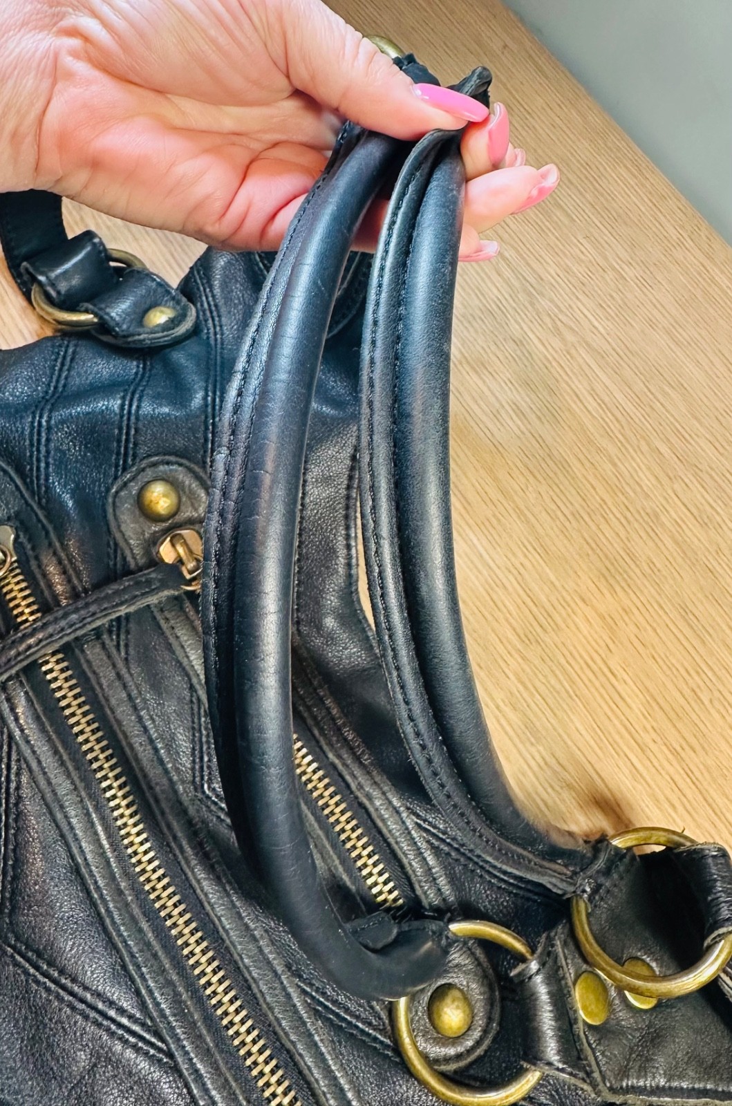 Y2K Linea Pelle Dylan Black Leather Multi Zip Hobo Bag Zebra Lining Dust Bag