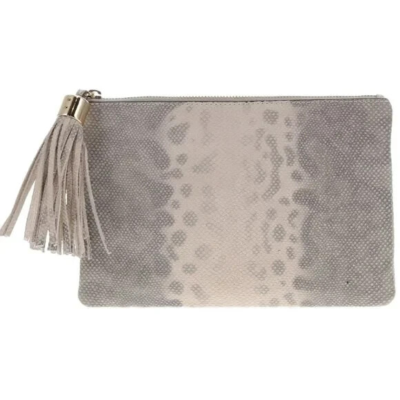G.I.L.I GOT IT LOVE IT Women’s Gray Ivory Python Leather Tassel Clutch Bag NEW