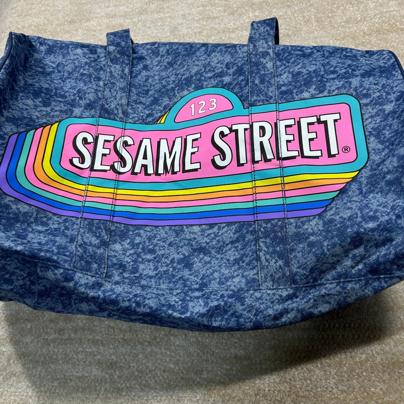 Sesame Street Tote Bag Womens Blue Rainbow Logo Zip Polyester Large Sesame Place