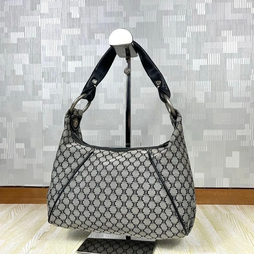CELINE Paris Macadam Triomphe Navy Canvas Shoulder Handbag 23x16x10 cm Authentic