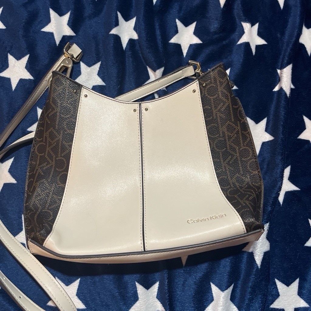 Calvin Klein Monogram Crossbody Bag, Magnetic Closure, Detachable Strap, Gold