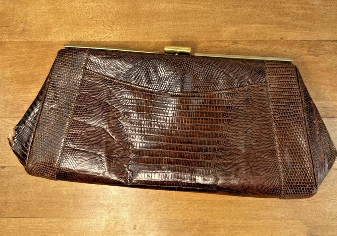 Georgous Vintage Genuine Lizard Skin Bag, Brown with Gold Tone Clip Closure READ