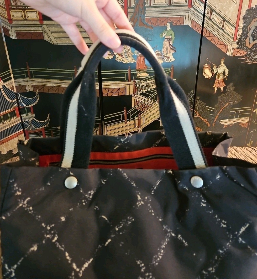 Authentic CHANEL Black & Grey Nylon Tote Handbag Web Straps