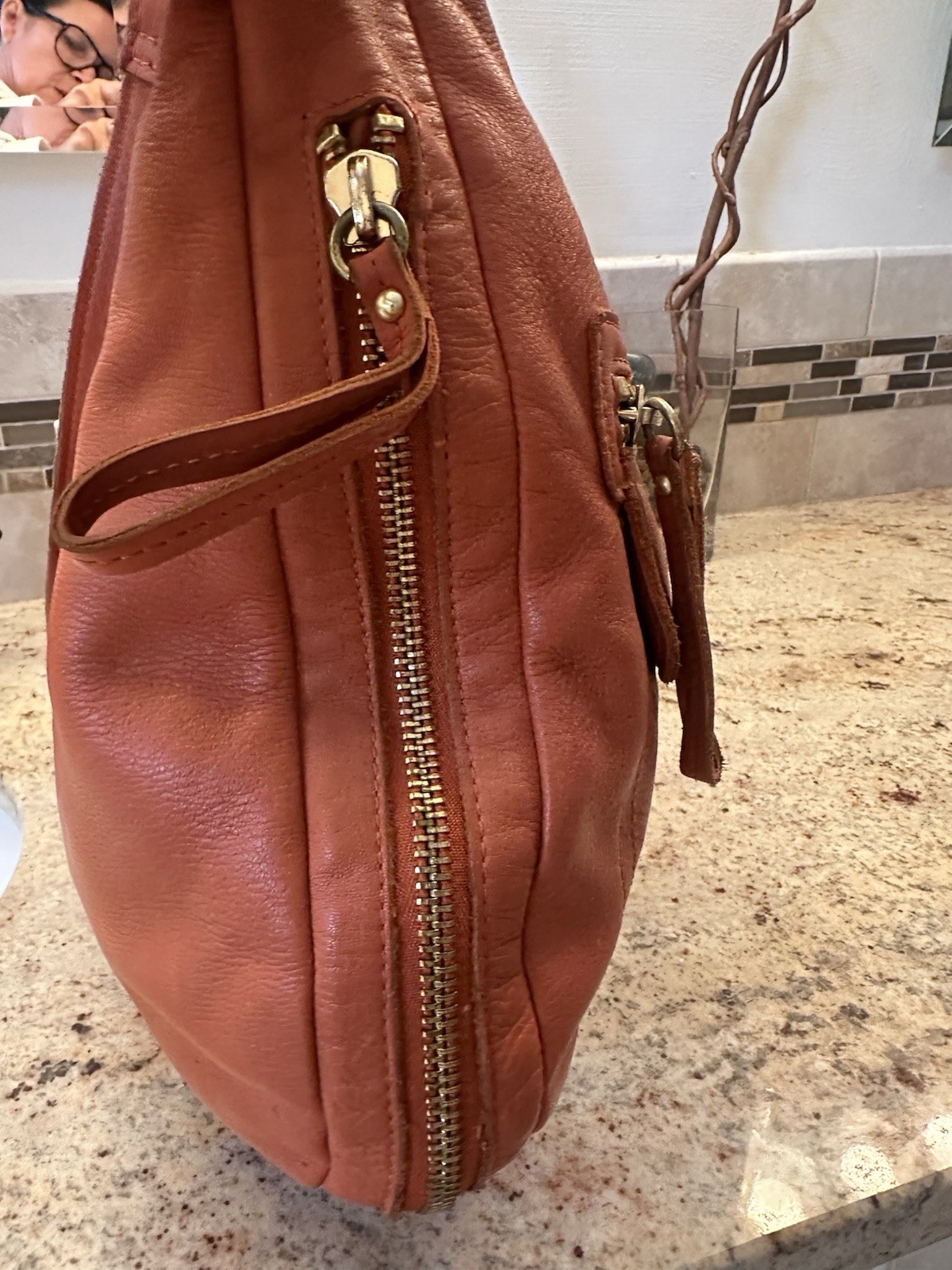Linea Pelle Orange Leather Zippers Luxury Gold Hardware Purse Bag Pockets