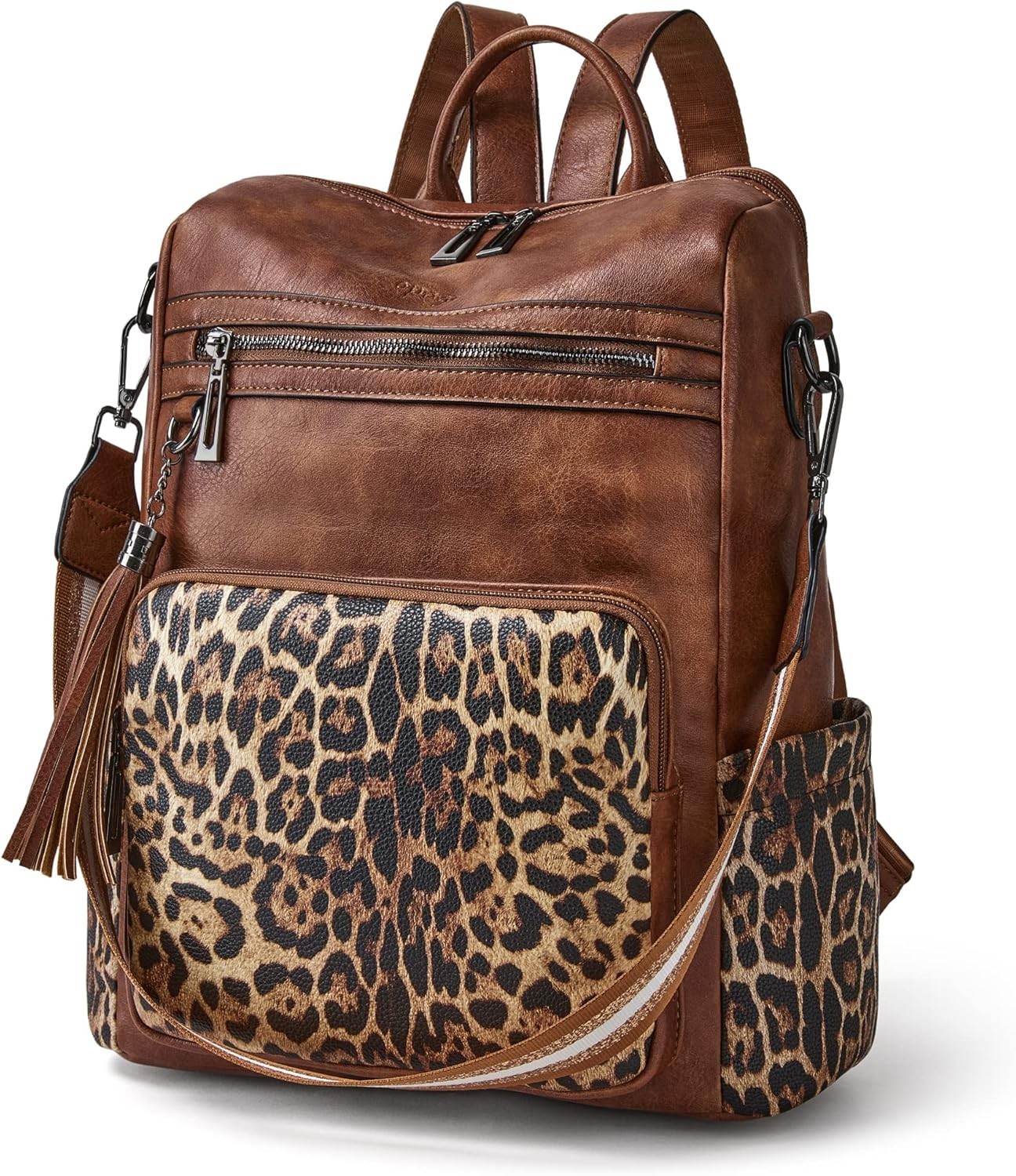Leather Backpack Purse for Women Fashion 13-in Height 1-4 Brown With Leopard