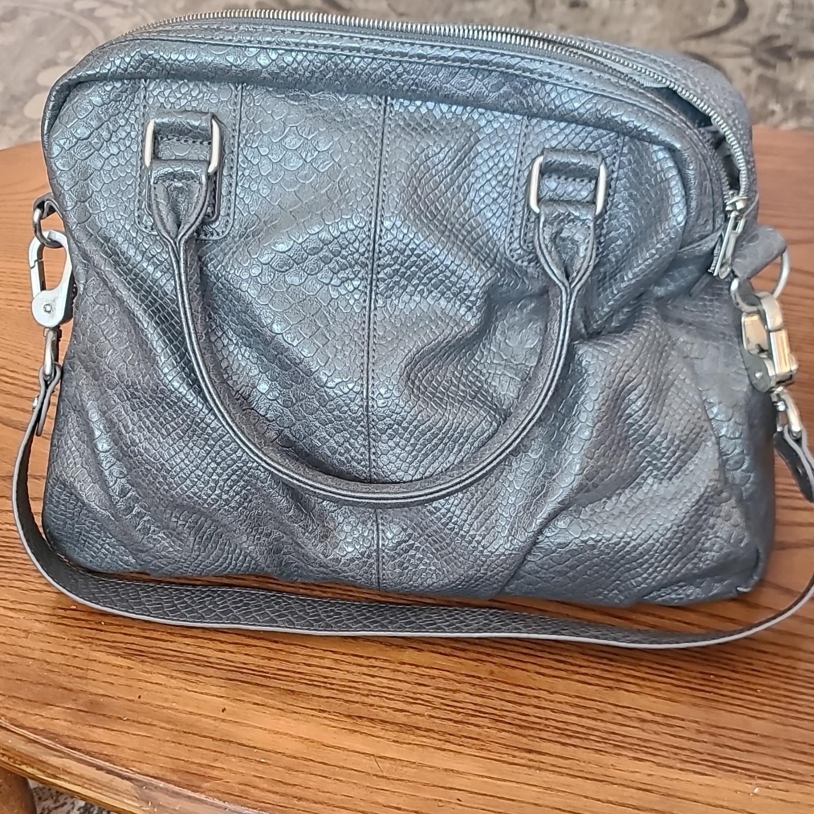 Jewell Gray Snake-Embossed Animal Print Satchel Zip Detachable Strap