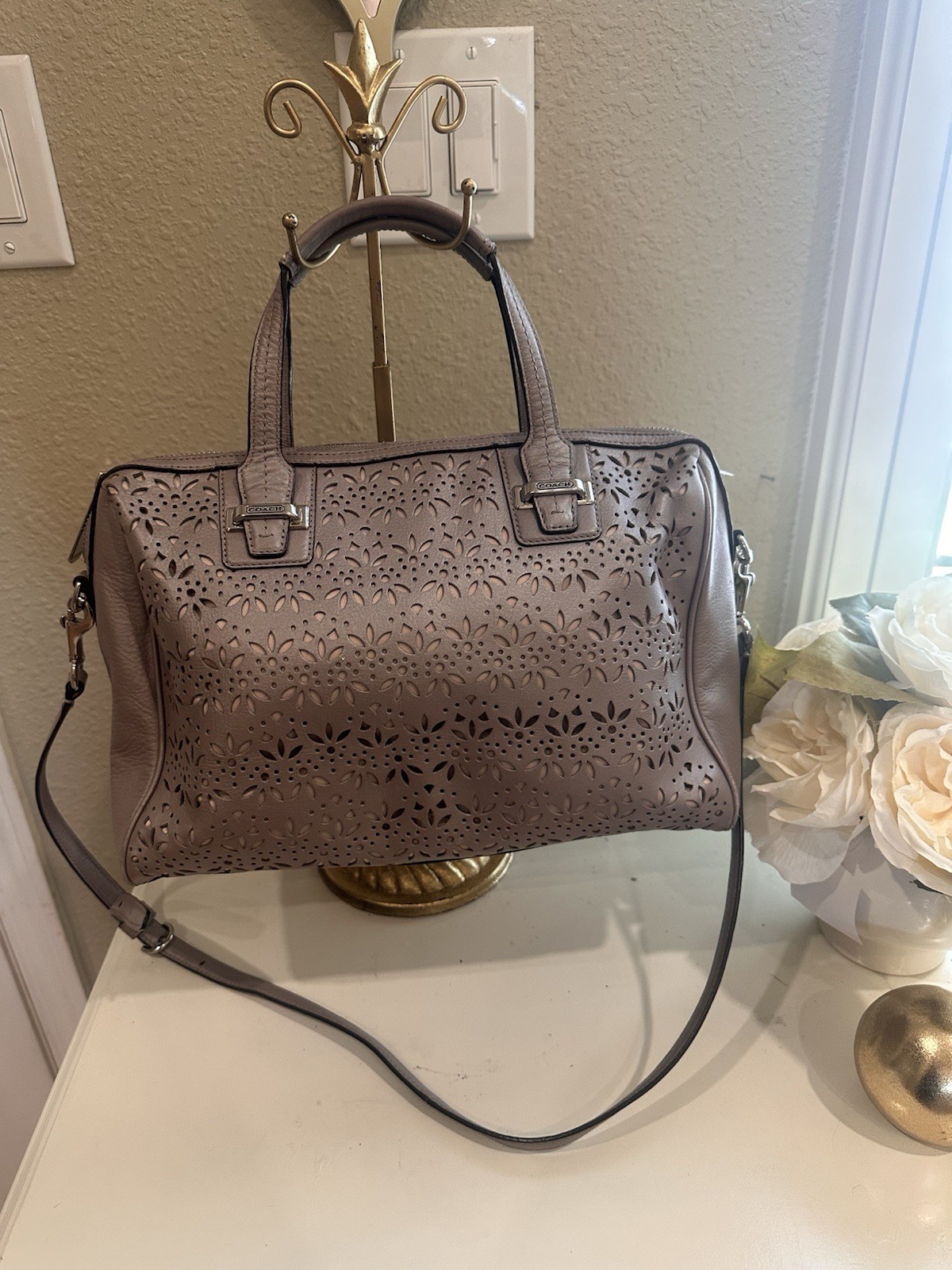 Coach Gray Floral Cutout Medium Satchel Top Handle Zip Detachable Strap Gold