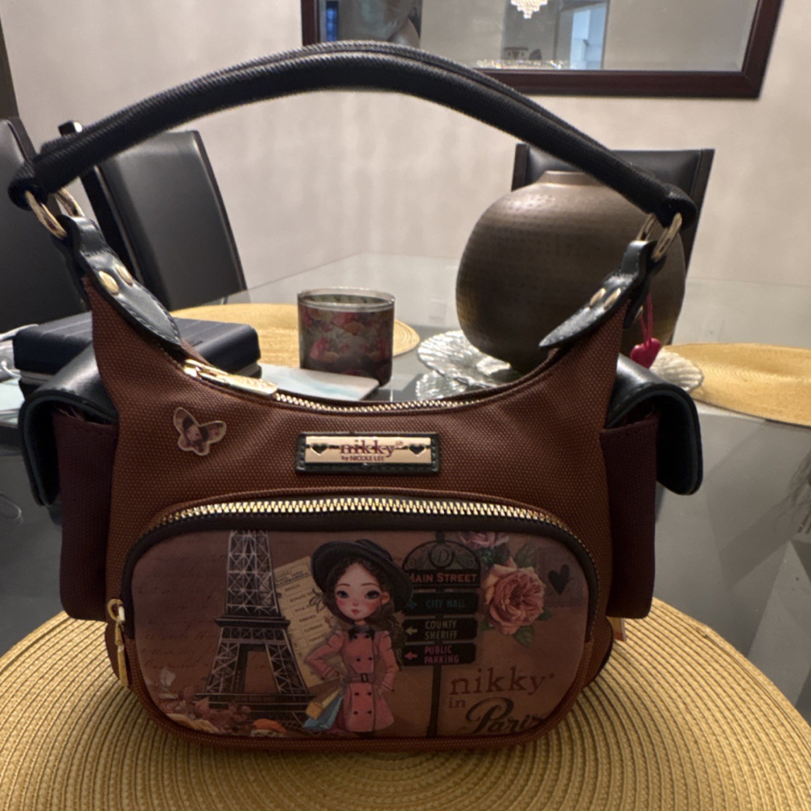 Nikky Paris Theme Brown Graphic Print Shoulder Bag Top Handle Zip Detach Strap