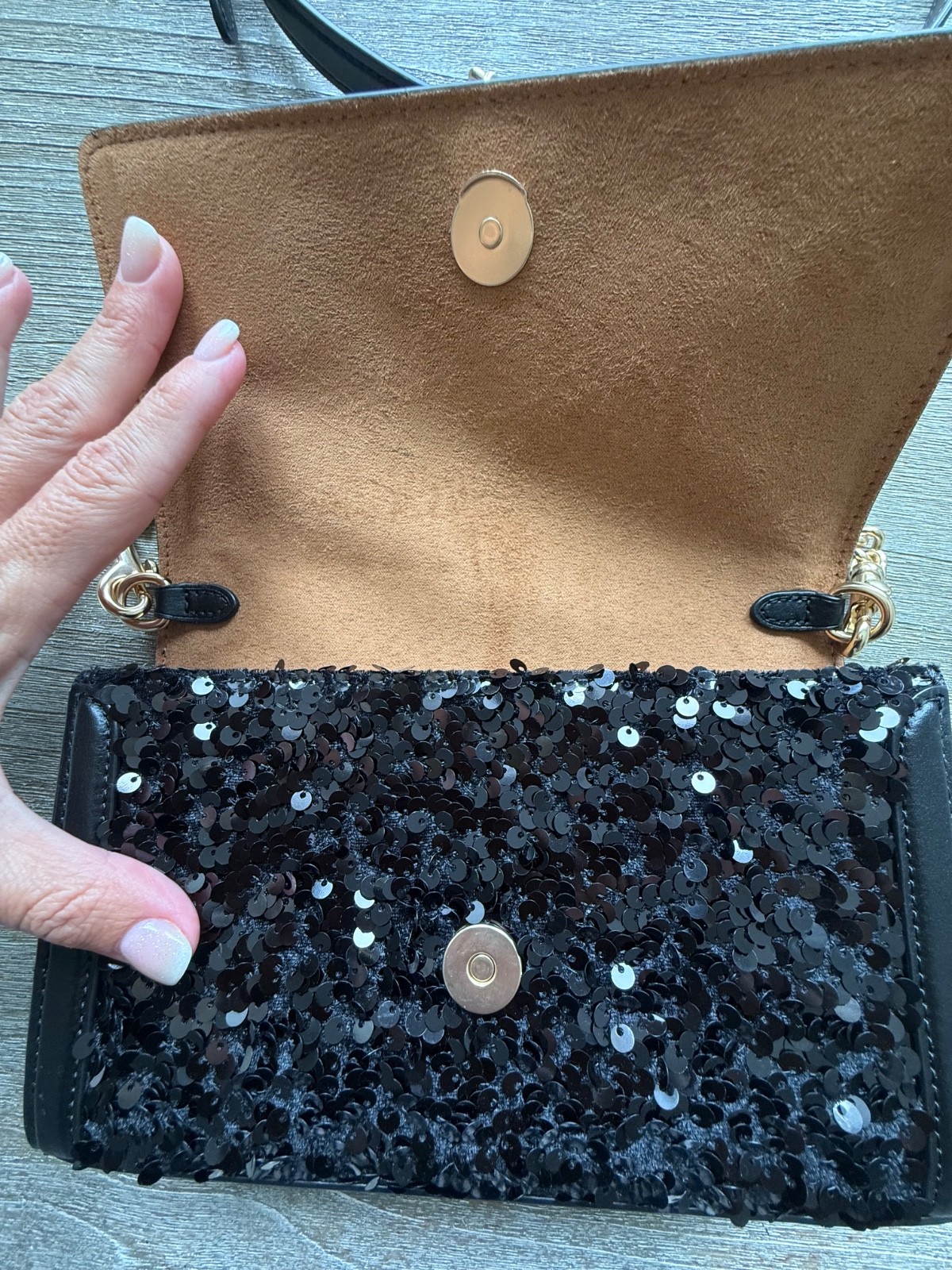 NWOT Coach Flap Clutch Crossbody in Black Sequin Glitter Leather CP188